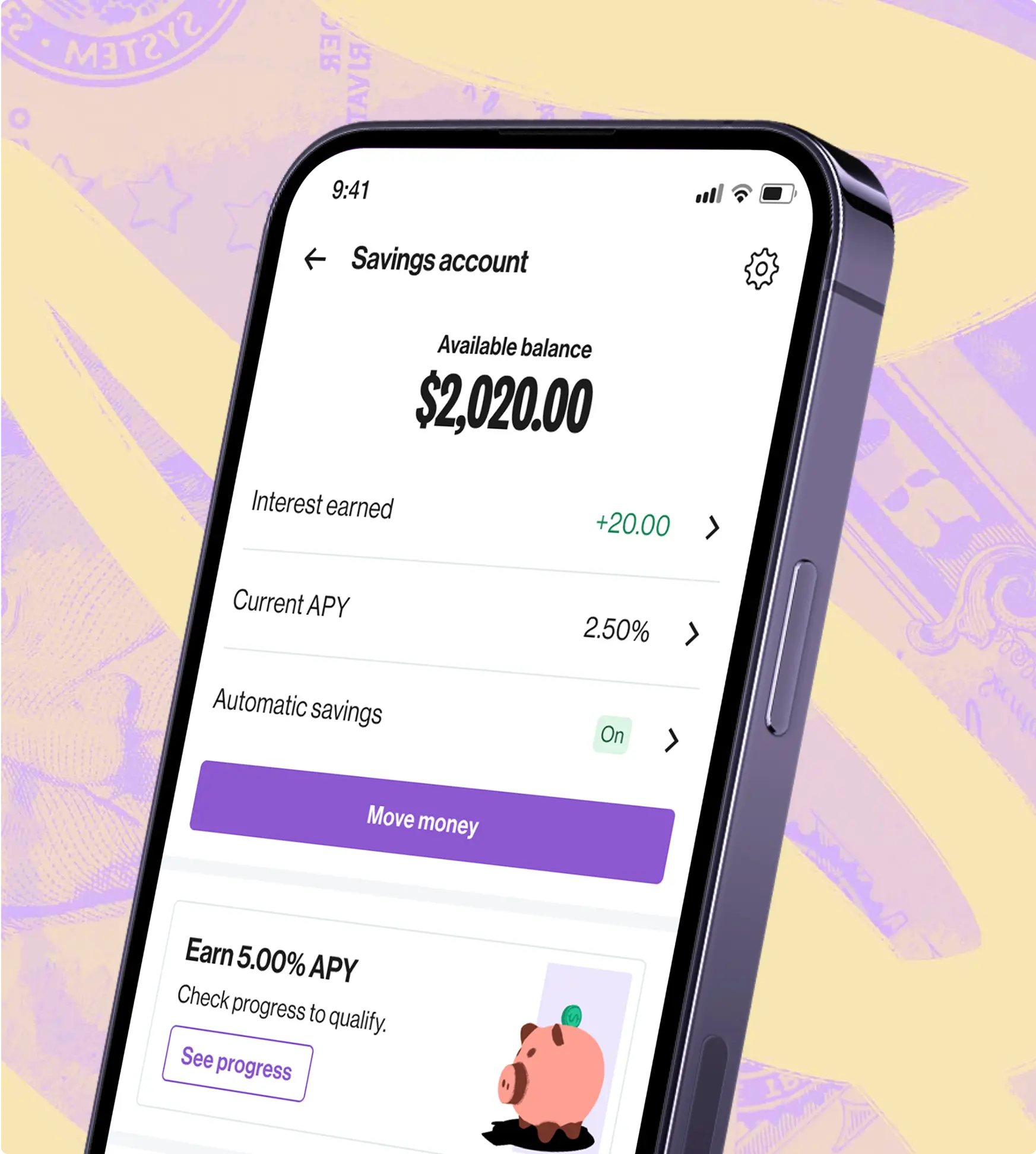 Savings account UI on purple and yellow bg