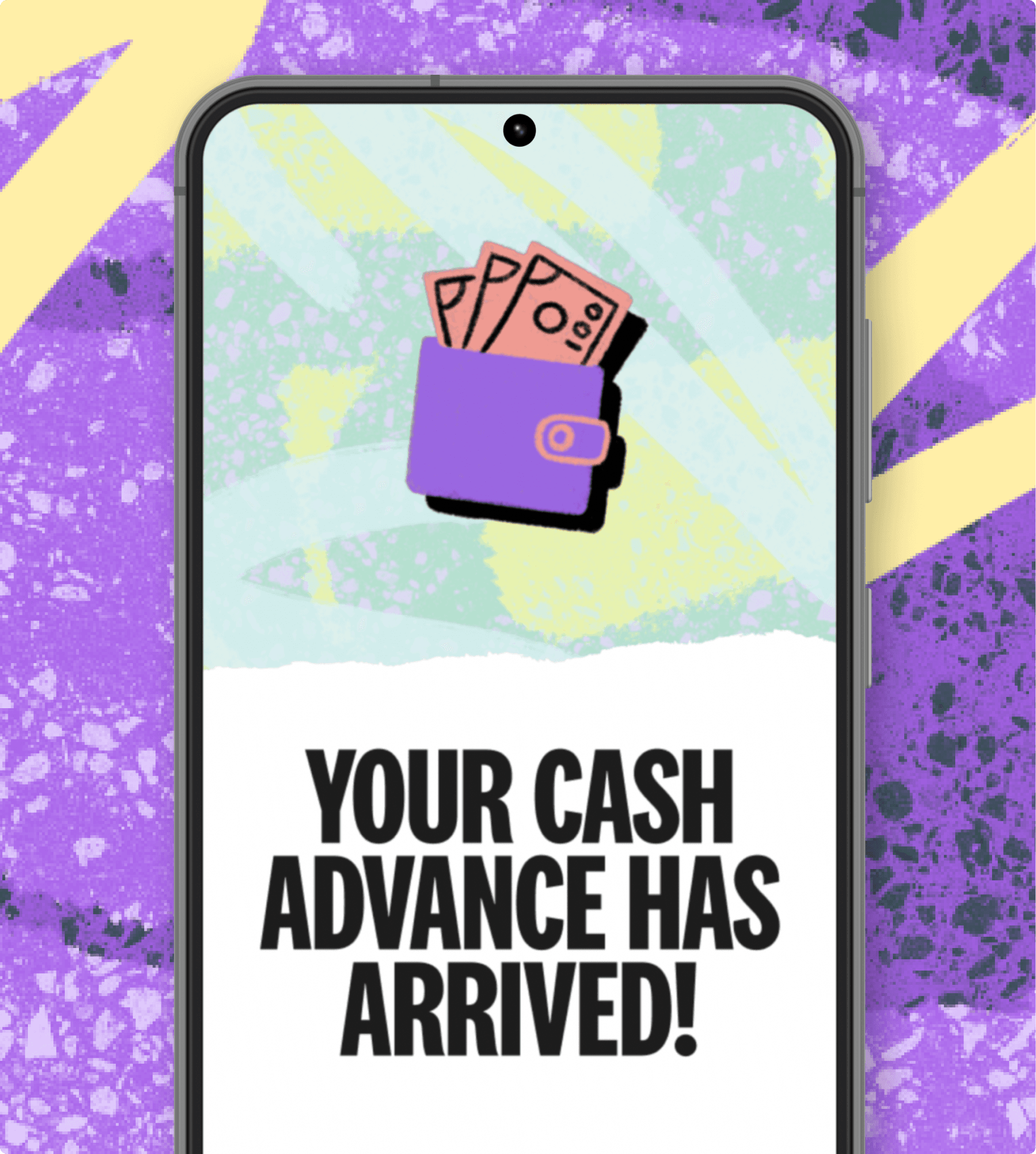 varo phone screen - your cash has arrived (w/ purple texture background bg)
